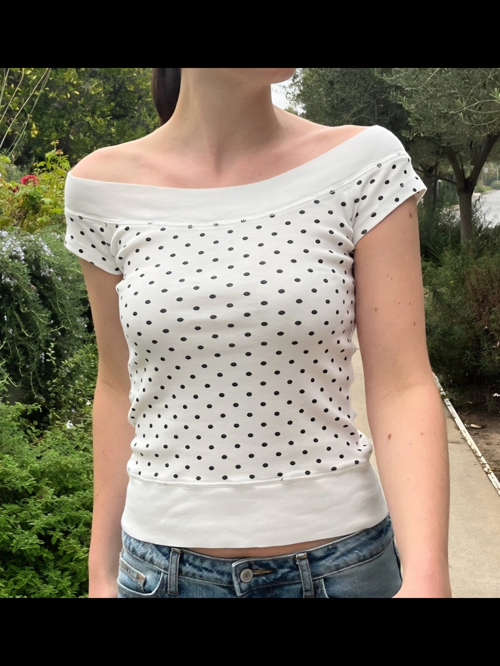 John Galt/Brandy Melville White Off-Shoulder Polka Dot Crop Top
